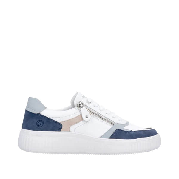 Remonte D3E05-80 ladies' wide multi leather casual sneakers with white, navy, beige, and grey sections, featuring lace-up, zipper, and platform sole.
