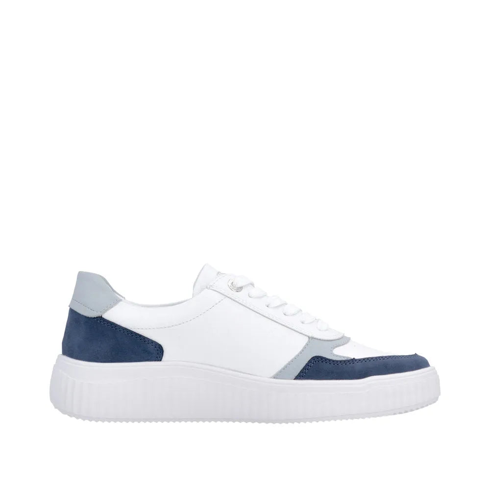 White and navy leather ladies' casual sneakers with lace and zip details, thick white rubber sole.