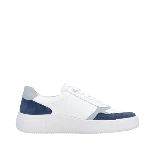 White and navy leather ladies' casual sneakers with lace and zip details, thick white rubber sole.