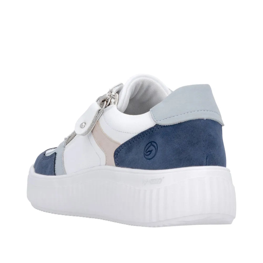 Ladies wide multi-color leather shoes with zip, lace-up detail, and chunky white platform sole.