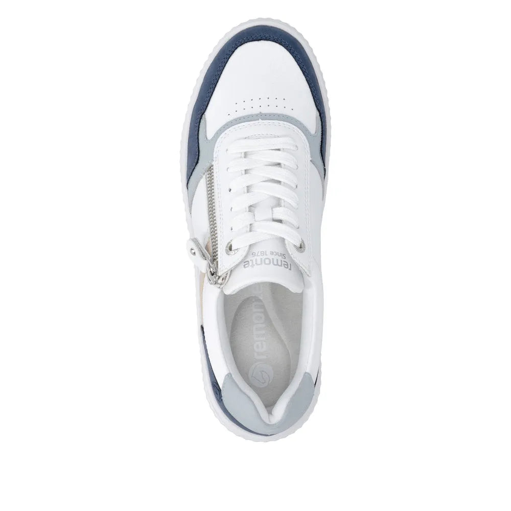 White and navy leather women's wide fit sneakers with zipper and lace-up closure, featuring a sporty design and padded collar.
