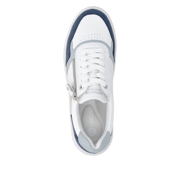 White and navy leather women's wide fit sneakers with zipper and lace-up closure, featuring a sporty design and padded collar.