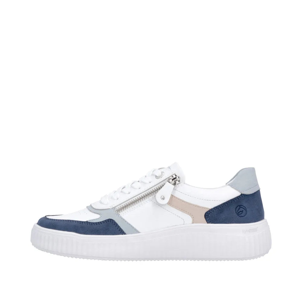 Remonte D3E05-80 women's wide multi leather sneaker with zip, lace-up, and chunky white sole in white, beige, blue, and gray colors.