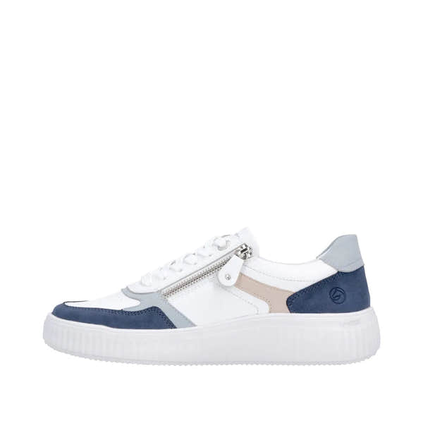 Remonte D3E05-80 women's wide multi leather sneaker with zip, lace-up, and chunky white sole in white, beige, blue, and gray colors.