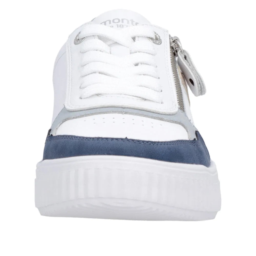 White and navy leather wide-fit shoes with zip and lace-up closure, silver eyelets, and a chunky white sole.