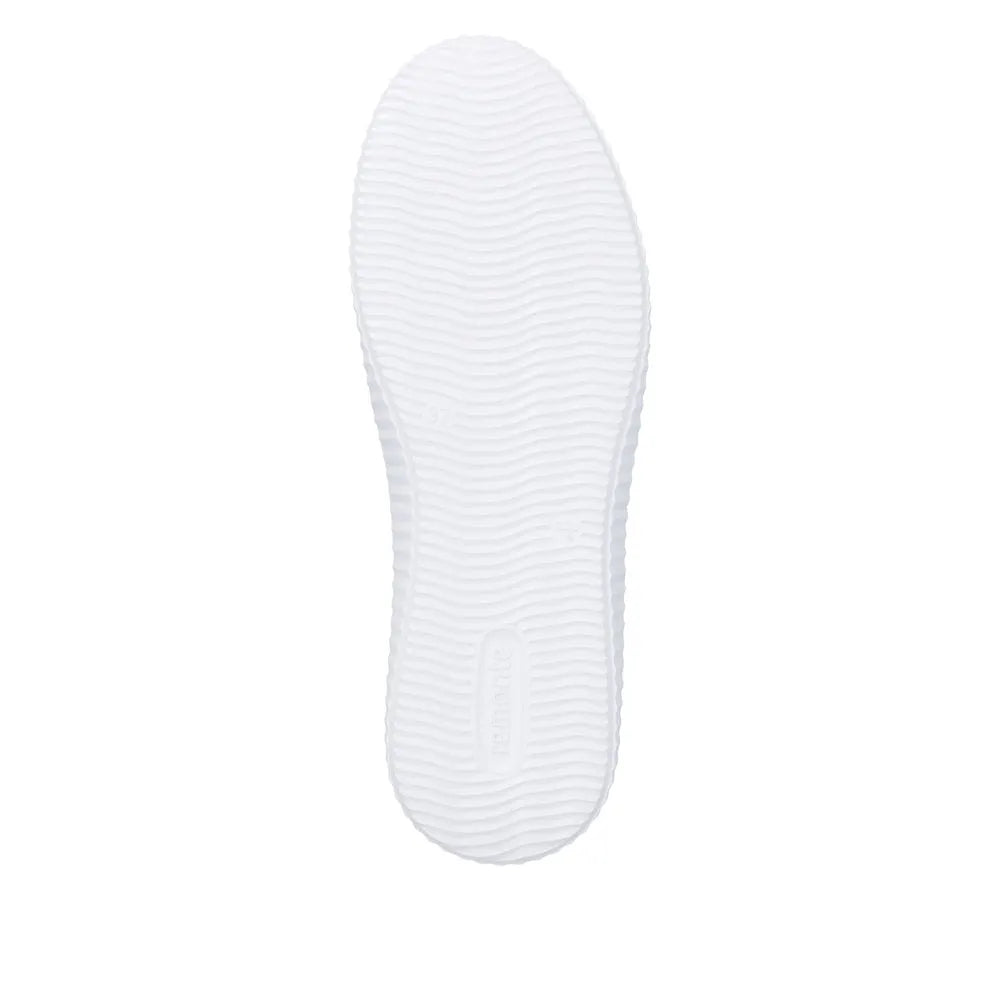 White sole of women's wide multi leather zip and lace shoes with textured tread pattern.
