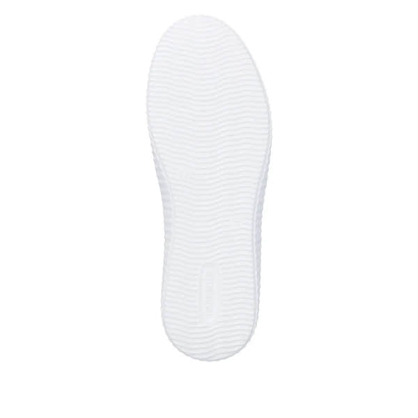 White sole of women's wide multi leather zip and lace shoes with textured tread pattern.