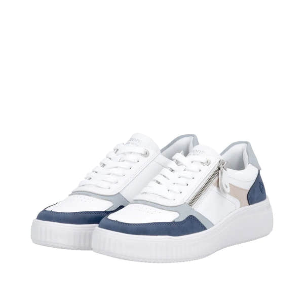 White and navy leather ladies' sneakers with gray accents, lace-up and side zipper detail, chunky white sole.