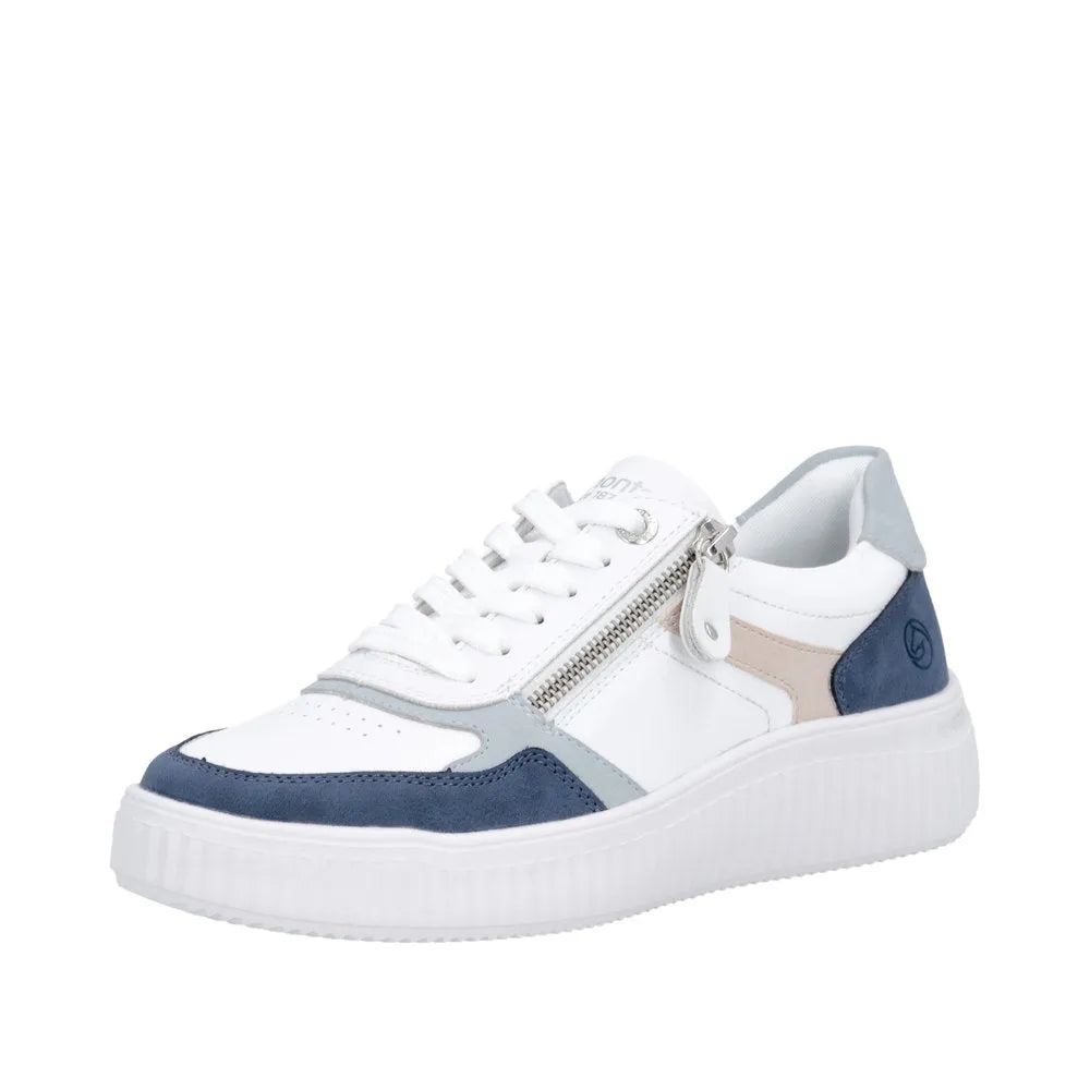 White leather sneaker with navy, beige, and gray accents, featuring a side zipper, lace-up front, and chunky sole.