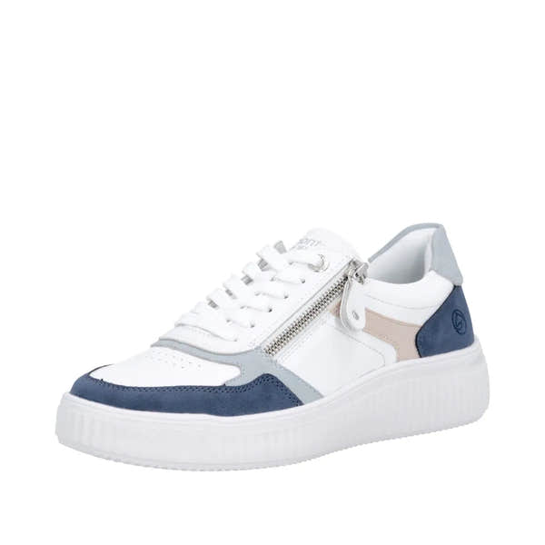 White leather sneaker with navy, beige, and gray accents, featuring a side zipper, lace-up front, and chunky sole.