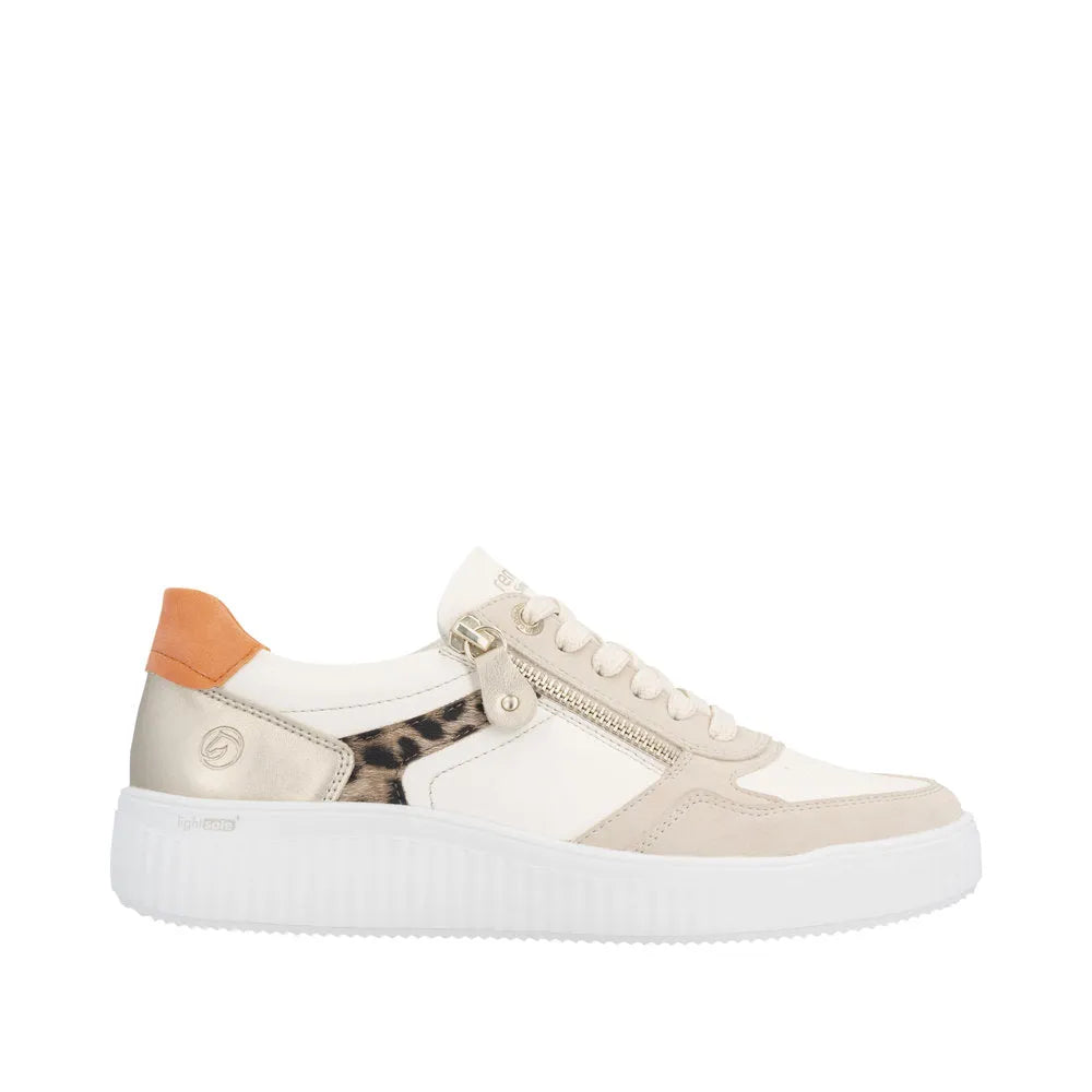 Ladies' wide leather shoes in beige with leopard print, featuring lace and zip closure, and a white lightweight sole.