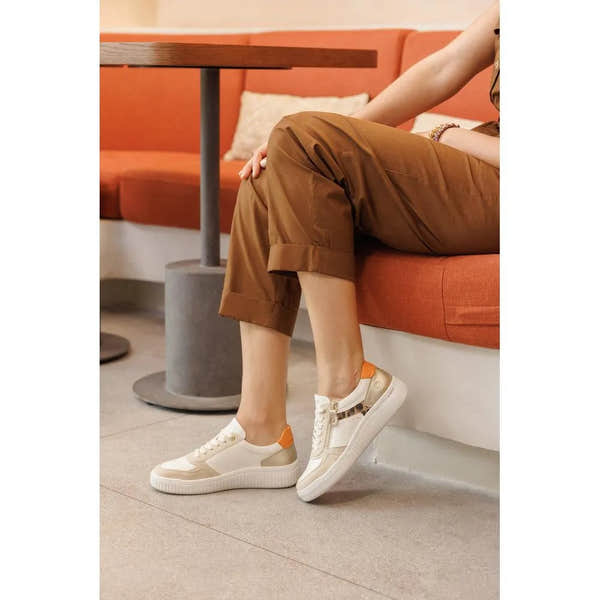 Remonte D3E05-81 ladies' wide multi leather shoes in cream and orange, featuring zip, lace, and sleek design.