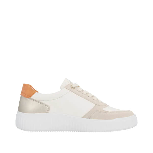 Wide fit ladies' sneaker in beige and white leather with lace-up design and contrasting orange heel tab.