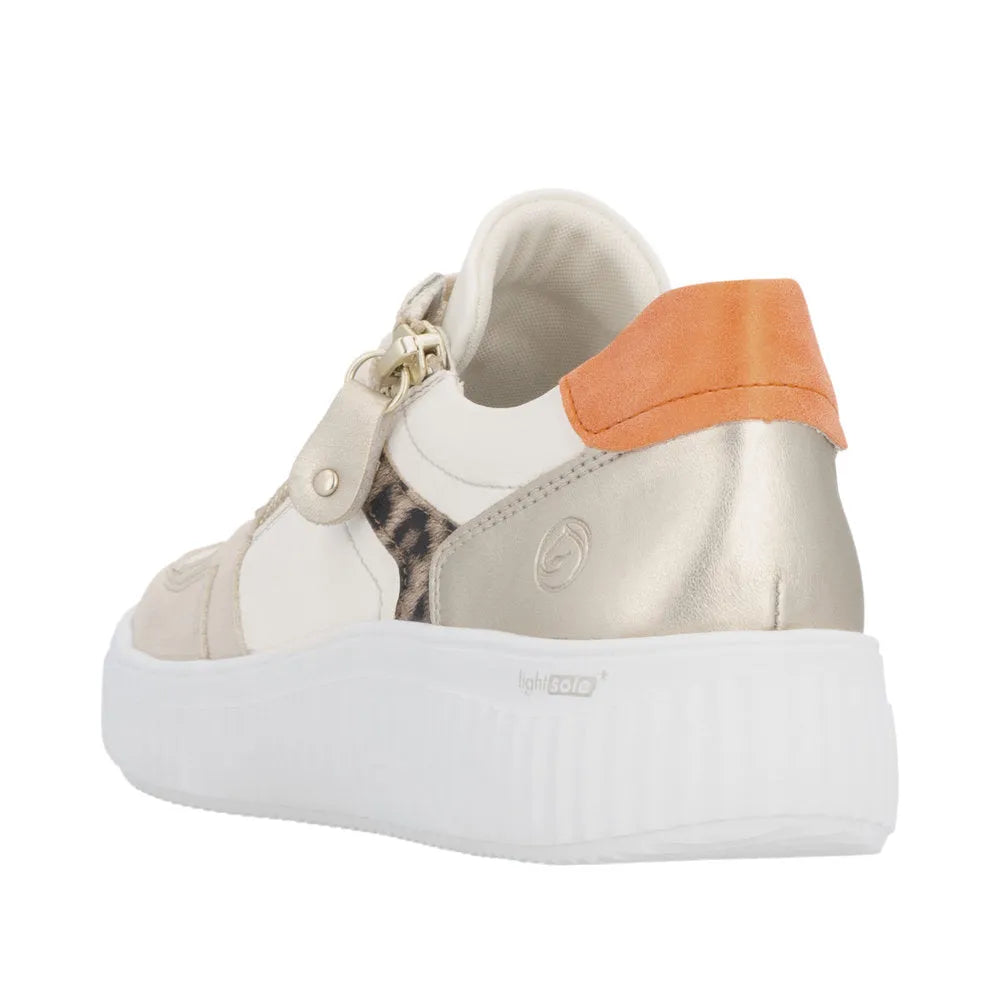 Wide multi-leather shoes featuring a zip and lace design, with gold, white, and orange accents on a white sole.