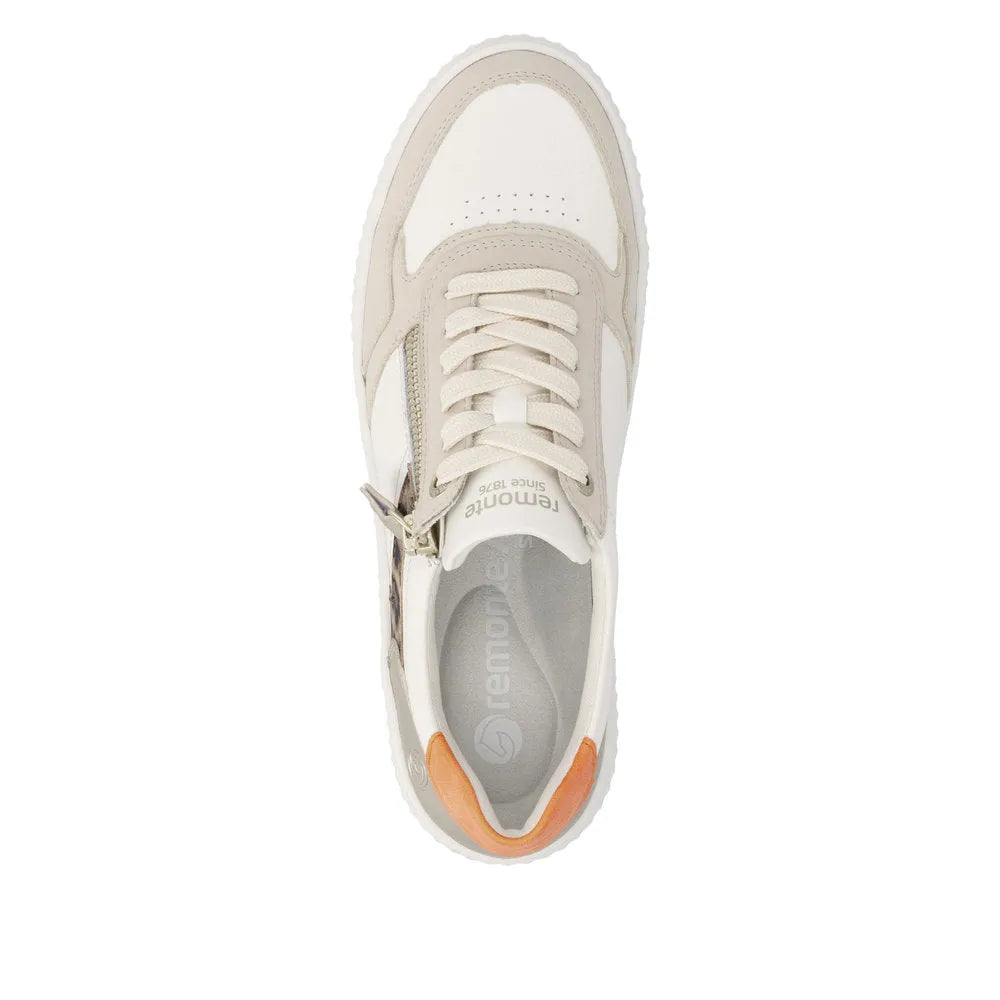 Stylish ladies' sneakers in cream and beige leather with lace and zip closure, featuring a supportive, padded sole.