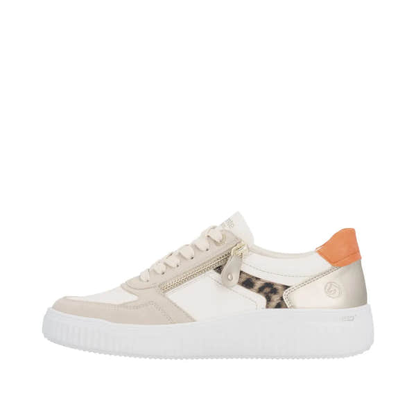 Wide multi-leather lace-up shoes with zip detail, beige tones, leopard print, and a vibrant orange heel tab.