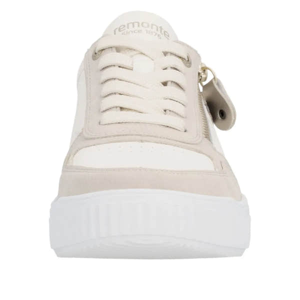 Beige and cream leather lace-up shoes with a side zip, chunky white sole, and classic sporty style.