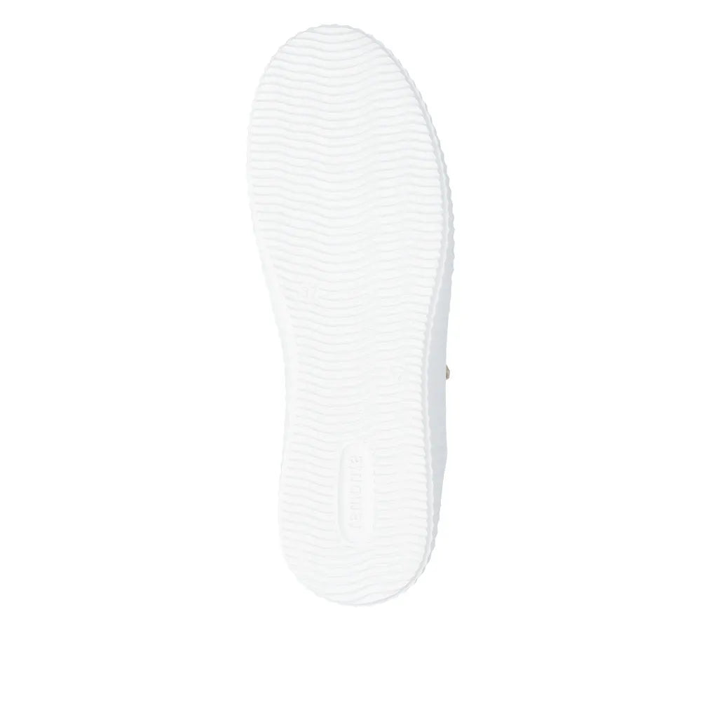 White rubber outsole of Remonte D3E05-81 ladies' shoes with textured grip, showcasing a functional, stylish design.