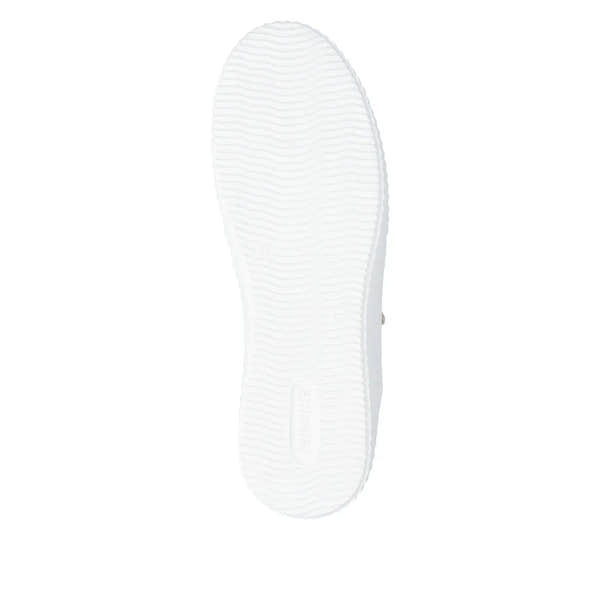 White rubber outsole of Remonte D3E05-81 ladies' shoes with textured grip, showcasing a functional, stylish design.