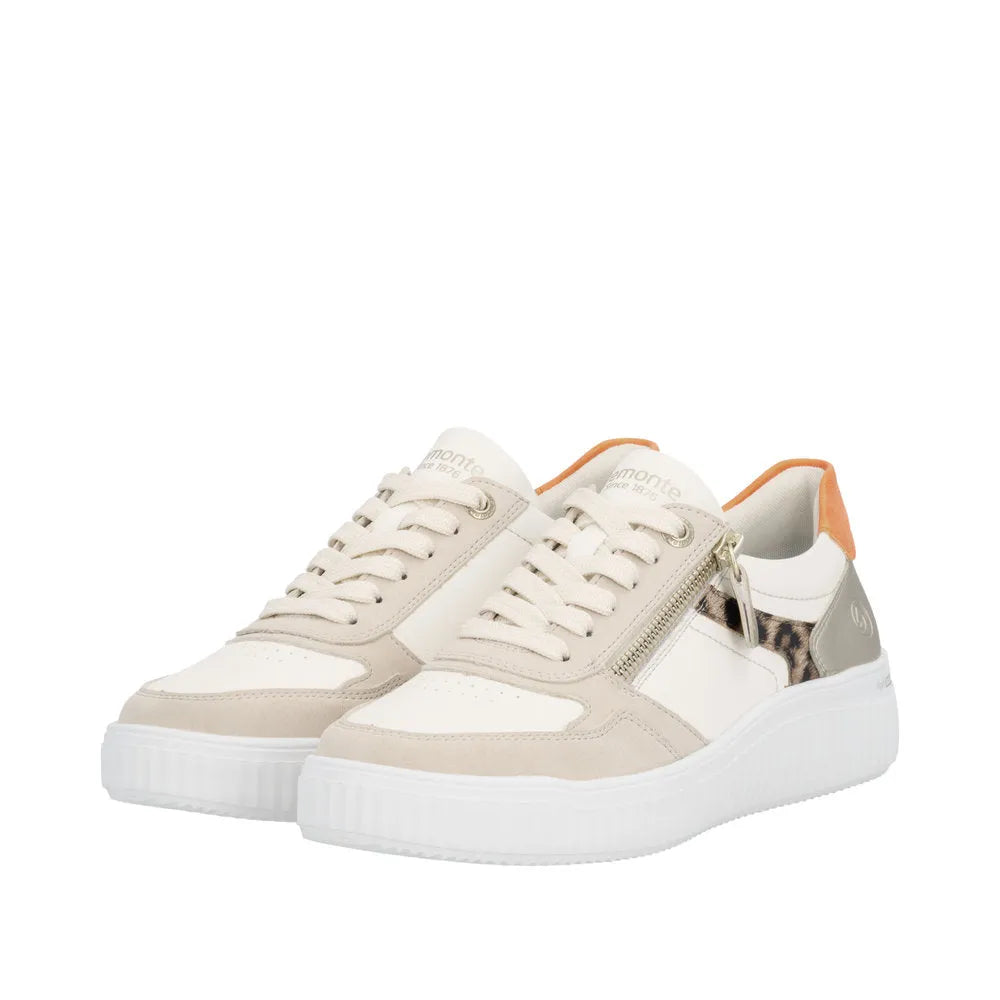 Beige and white leather lace-and-zip sneakers with animal print detail and a cushioned white sole.