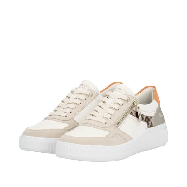 Beige and white leather lace-and-zip sneakers with animal print detail and a cushioned white sole.