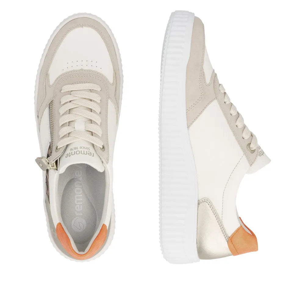 Wide multi-leather lace-up and zip shoes in beige, white, and metallic accents with a textured white sole.