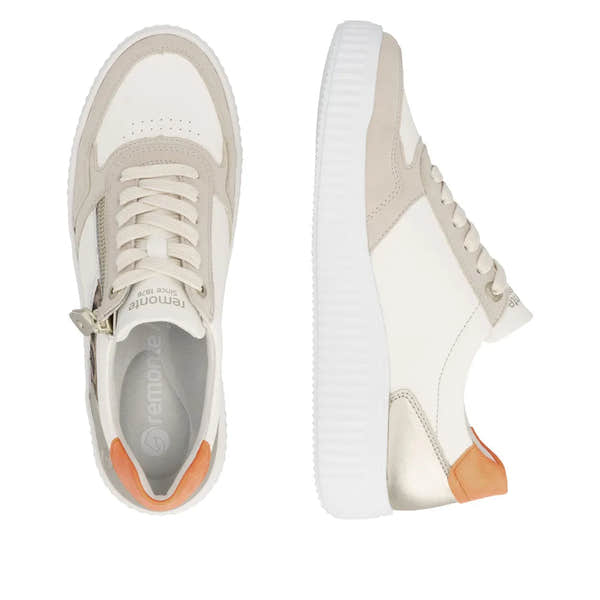 Wide multi-leather lace-up and zip shoes in beige, white, and metallic accents with a textured white sole.