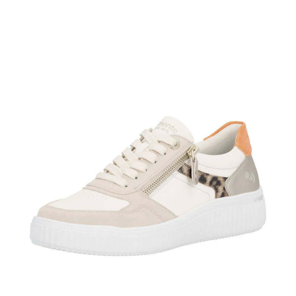 Ladies' wide shoes in beige leather with lace-up and zip details, featuring a leopard print accent and white platform sole.