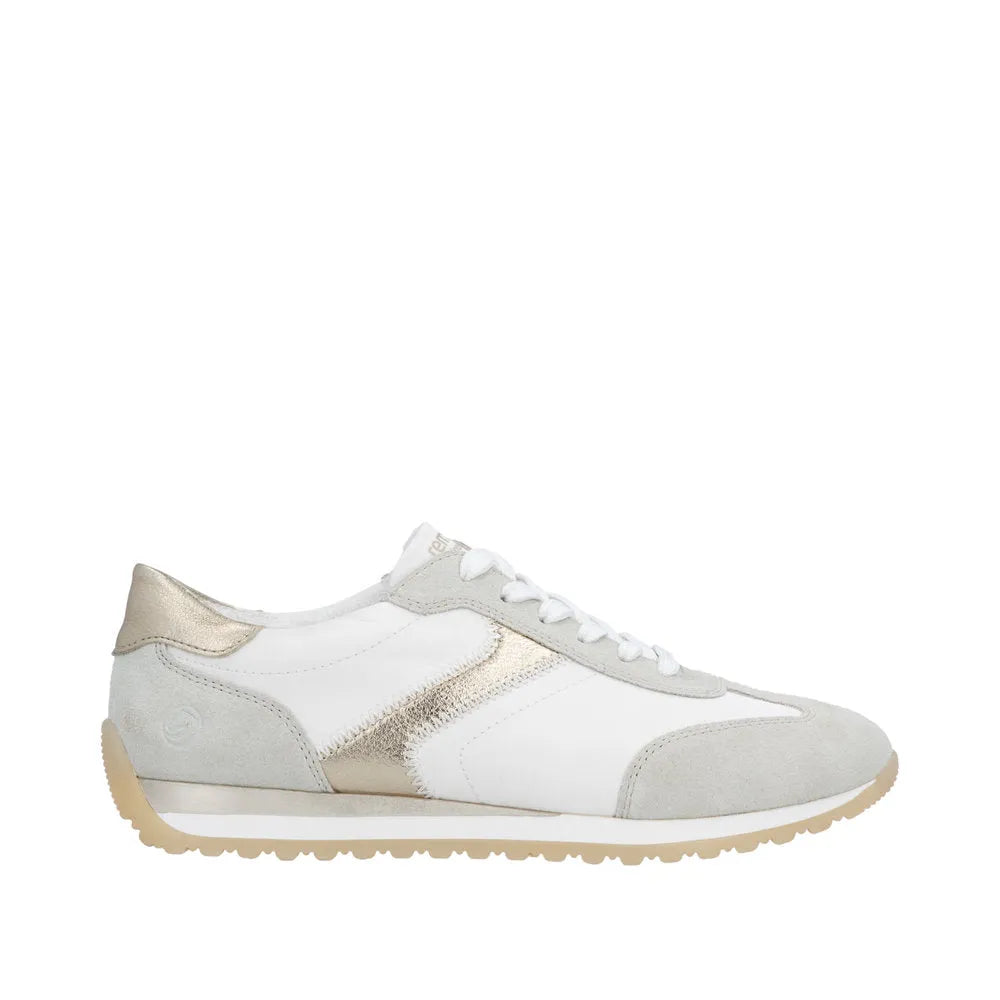 Remonte D3H03-80 women's wide-fit multi-textile lace-up sneakers in white and beige with suede accents and rubber sole.