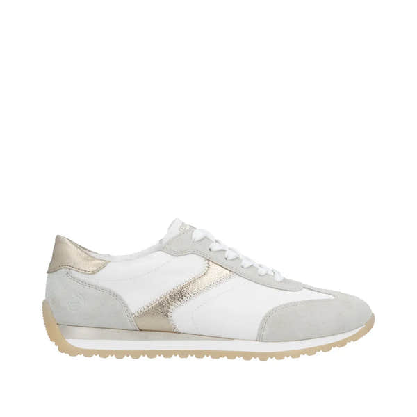 Remonte D3H03-80 women's wide-fit multi-textile lace-up sneakers in white and beige with suede accents and rubber sole.