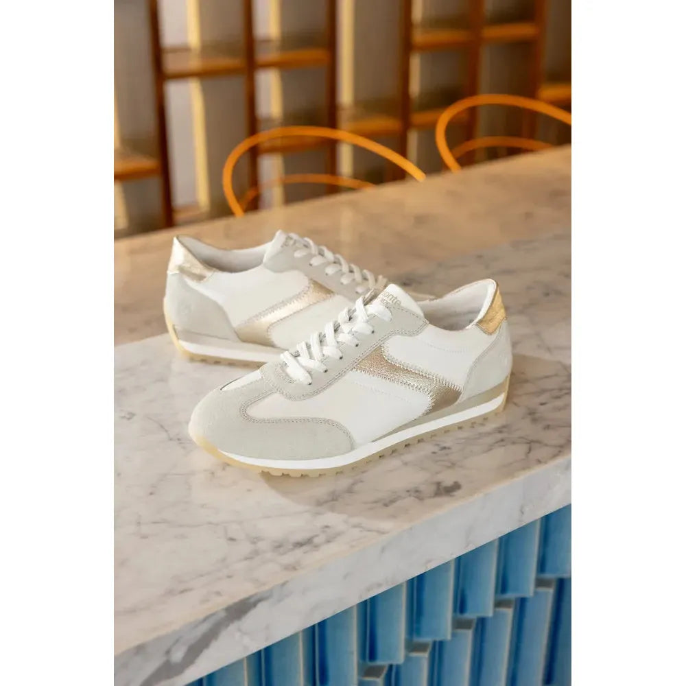 Remonte D3H03-80 women's wide multi-textile lace-up sneakers with gold accents, white sole, comfortable casual footwear.
