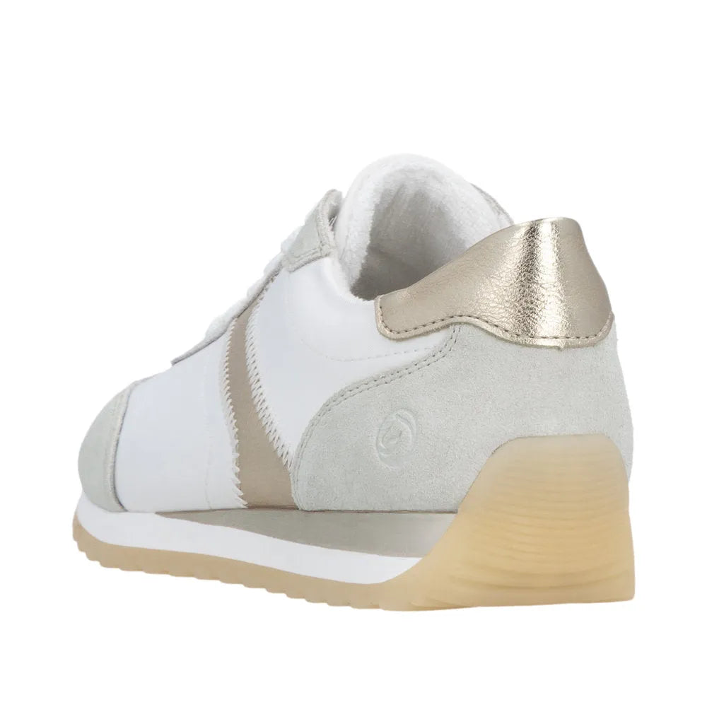 Remonte D3H03-80 women's wide multi-texture lace-up sneakers with white, beige, and metallic accents, cushioned sole.