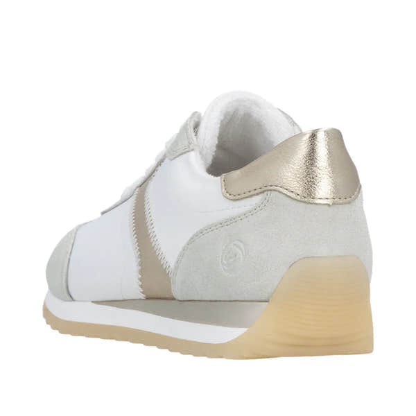 Remonte D3H03-80 women's wide multi-texture lace-up sneakers with white, beige, and metallic accents, cushioned sole.