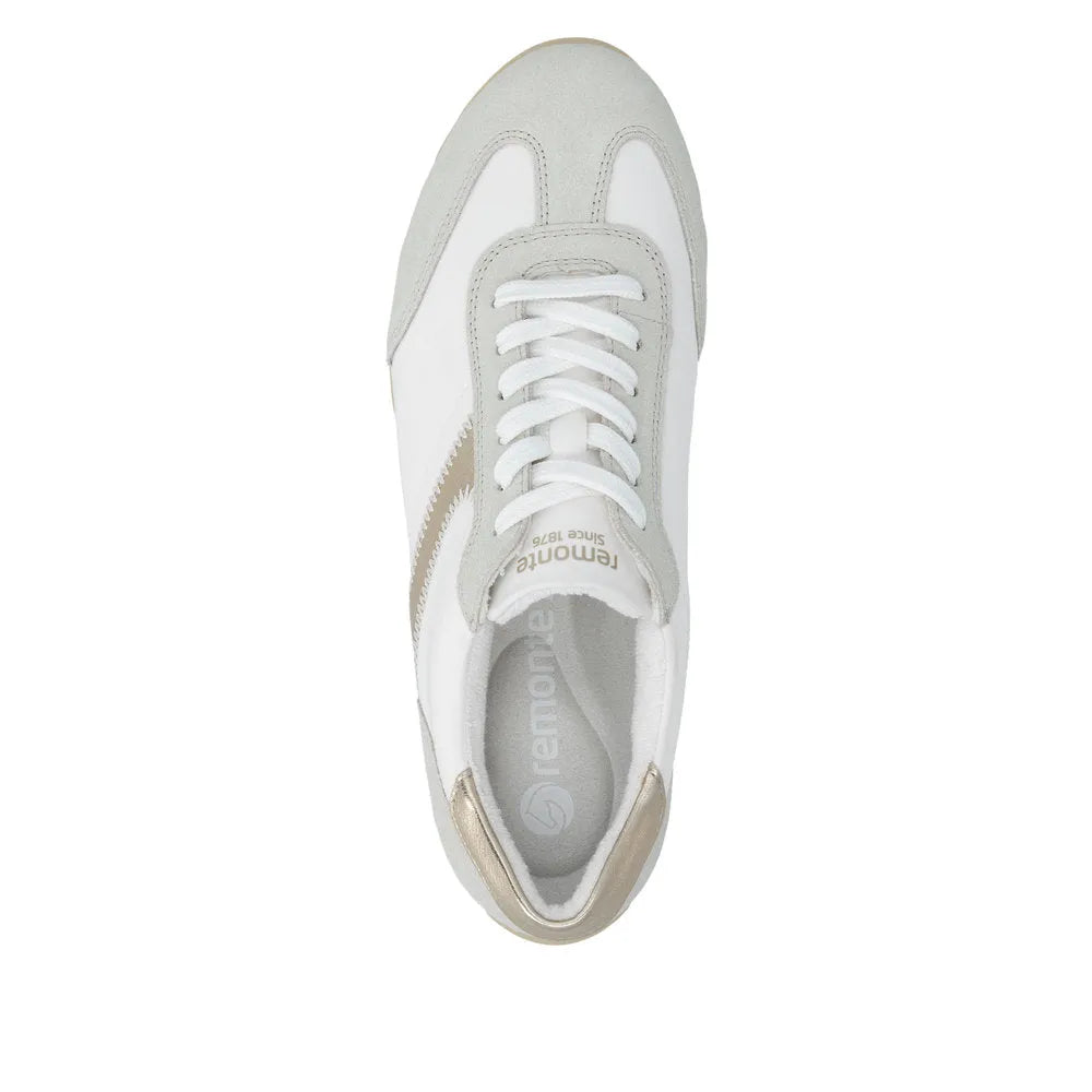 Remonte D3H03-80 women's wide lace-up sneakers with multi-textile design and neutral beige and white color scheme.