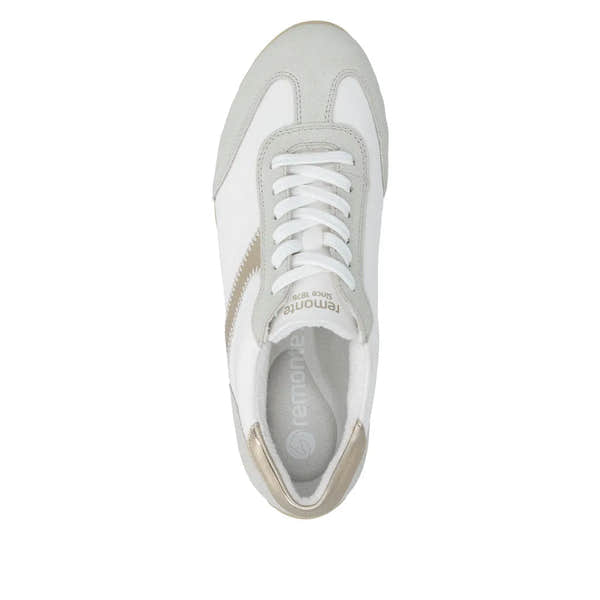 Remonte D3H03-80 women's wide lace-up sneakers with multi-textile design and neutral beige and white color scheme.