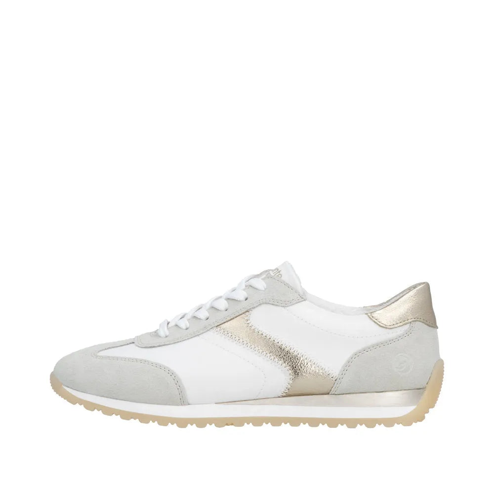 Remonte D3H03-80 women's wide fit textile lace-up sneakers with white, beige, and metallic gold accents.