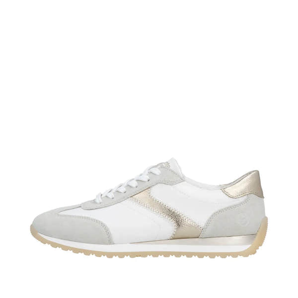 Remonte D3H03-80 women's wide fit textile lace-up sneakers with white, beige, and metallic gold accents.
