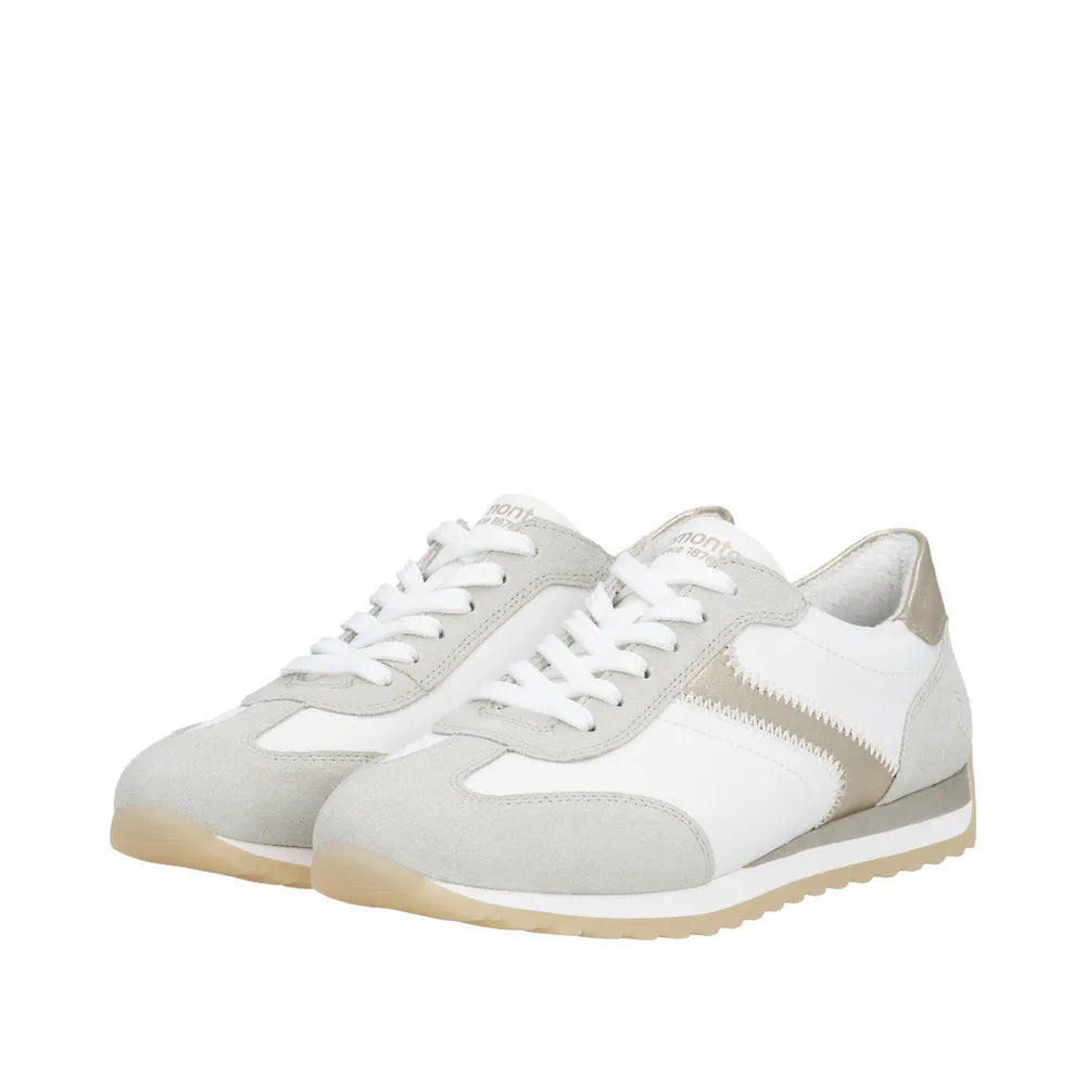 Remonte D3H03-80 women's wide multi-textile lace-up sneakers with beige and white accents and cushioned soles.