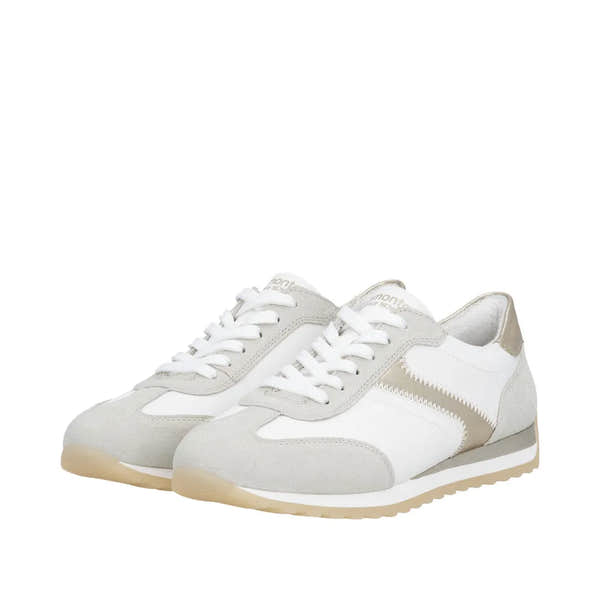 Remonte D3H03-80 women's wide multi-textile lace-up sneakers with beige and white accents and cushioned soles.