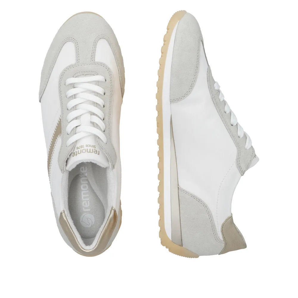 Remonte D3H03-80 women's wide textile lace-up shoes in white and beige with cushioned sole and stylish design.