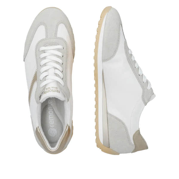 Remonte D3H03-80 women's wide textile lace-up shoes in white and beige with cushioned sole and stylish design.