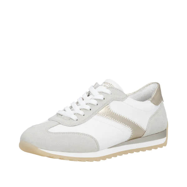 Remonte D3H03-80 women's wide multi-textile lace-up casual sneakers with beige and white color, cushioned sole, and stylish design.