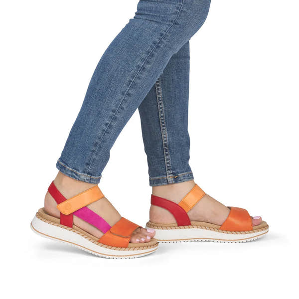 Remonte D3J50-38 ladies multi-touch fastening sandals, orange, red, and pink straps, casual open-toe design, comfortable flat sole.