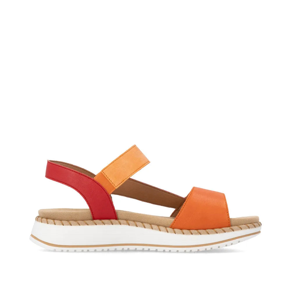 Remonte D3J50-38 women's multi-touch fastening sandals with orange, red, and beige straps, cushioned sole, and trendy design.