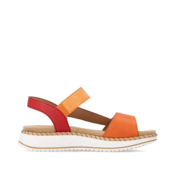 Remonte D3J50-38 women's multi-touch fastening sandals with orange, red, and beige straps, cushioned sole, and trendy design.