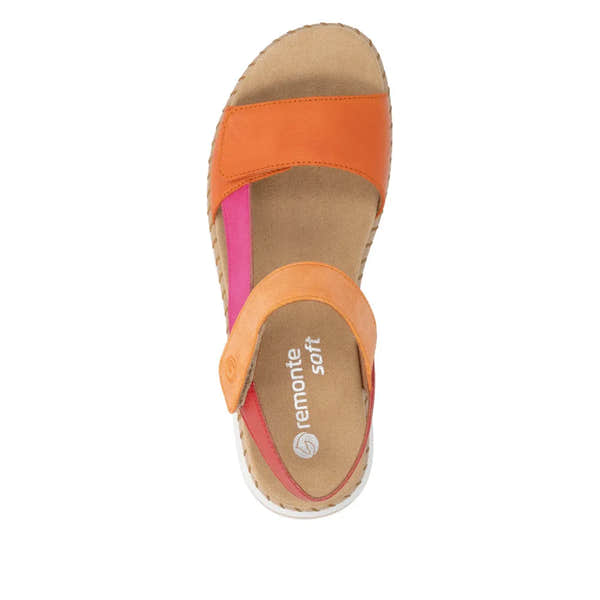 Remonte D3J50-38 women's multi-touch fastening sandals with orange, pink, and beige straps, cushioned insole, and comfortable design.