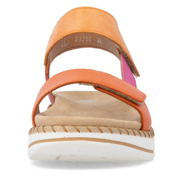 Remonte D3J50-38 women's multi-touch fastening sandals with orange straps, beige footbed, and white sole.
