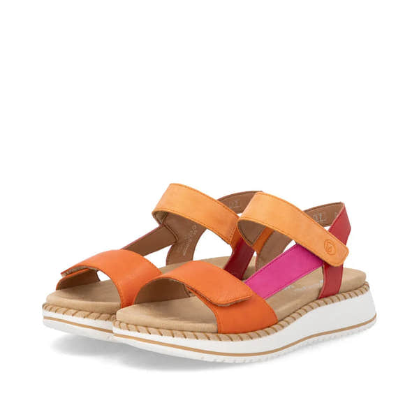 Remonte D3J50-38 women's multi-color touch fastening sandals with comfortable beige insoles and white sole, featuring orange, pink, and red straps.