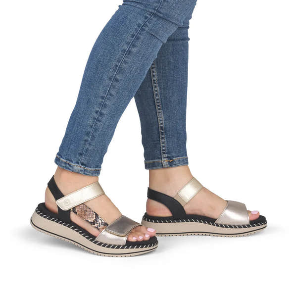 Remonte D3J50-90 women's multi-touch fastening sandals with metallic, snake print, and black accents, casual open-toe design.