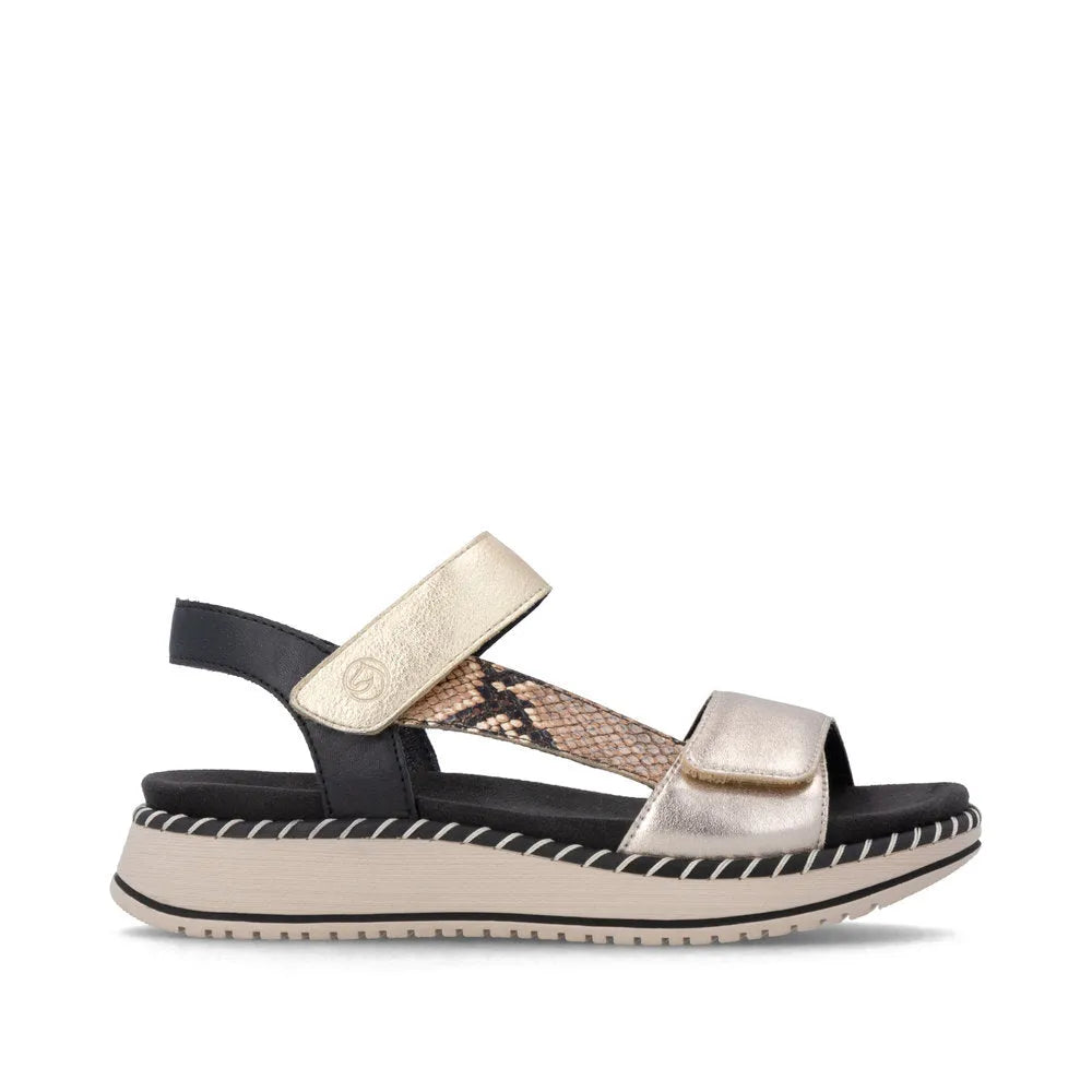 Remonte D3J50-90 women's multi-touch fastening sandal with metallic, snake print, and cushioned sole for comfort and style.